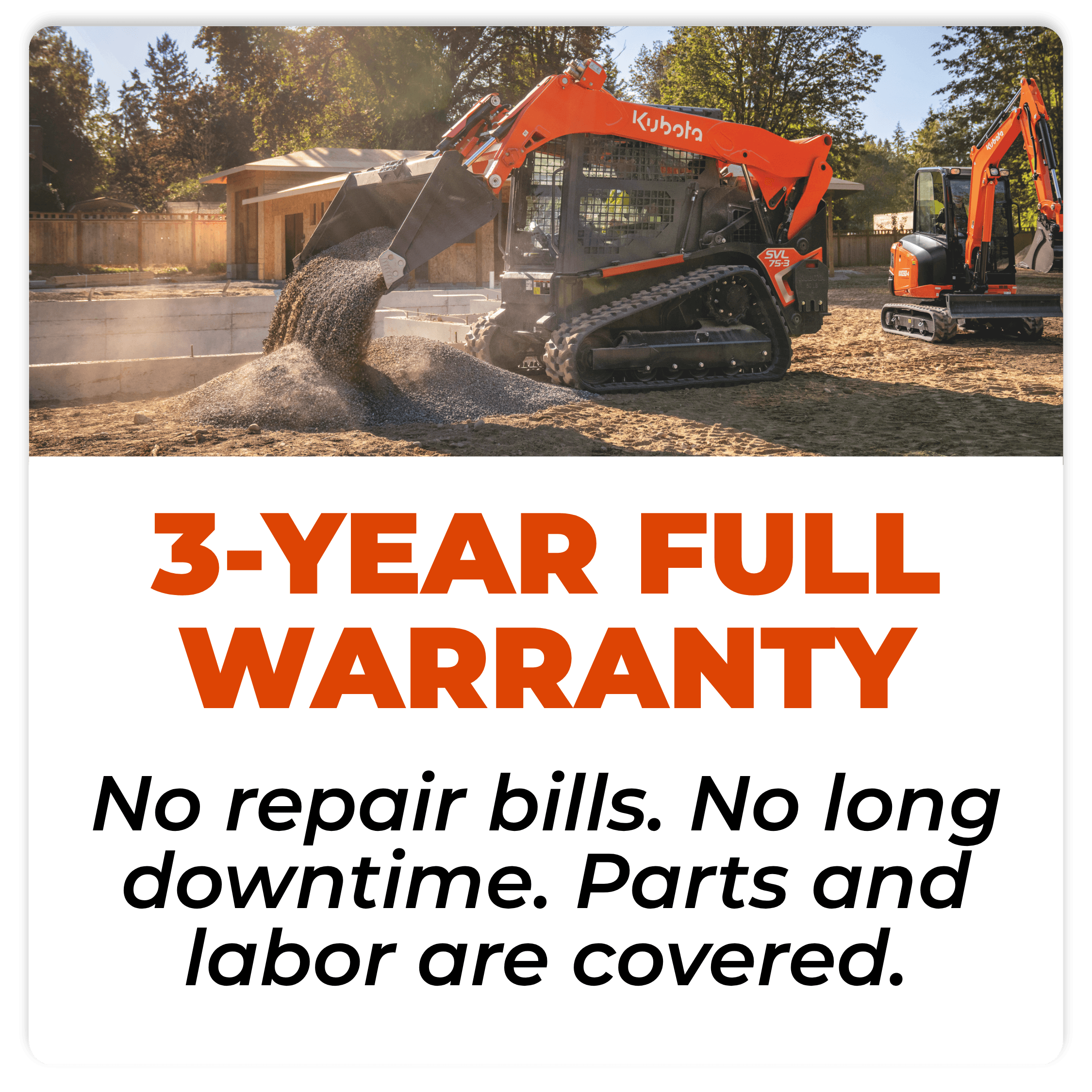 3-year full warranty. No repair bills. No long downtime. Parts and labor are covered.
