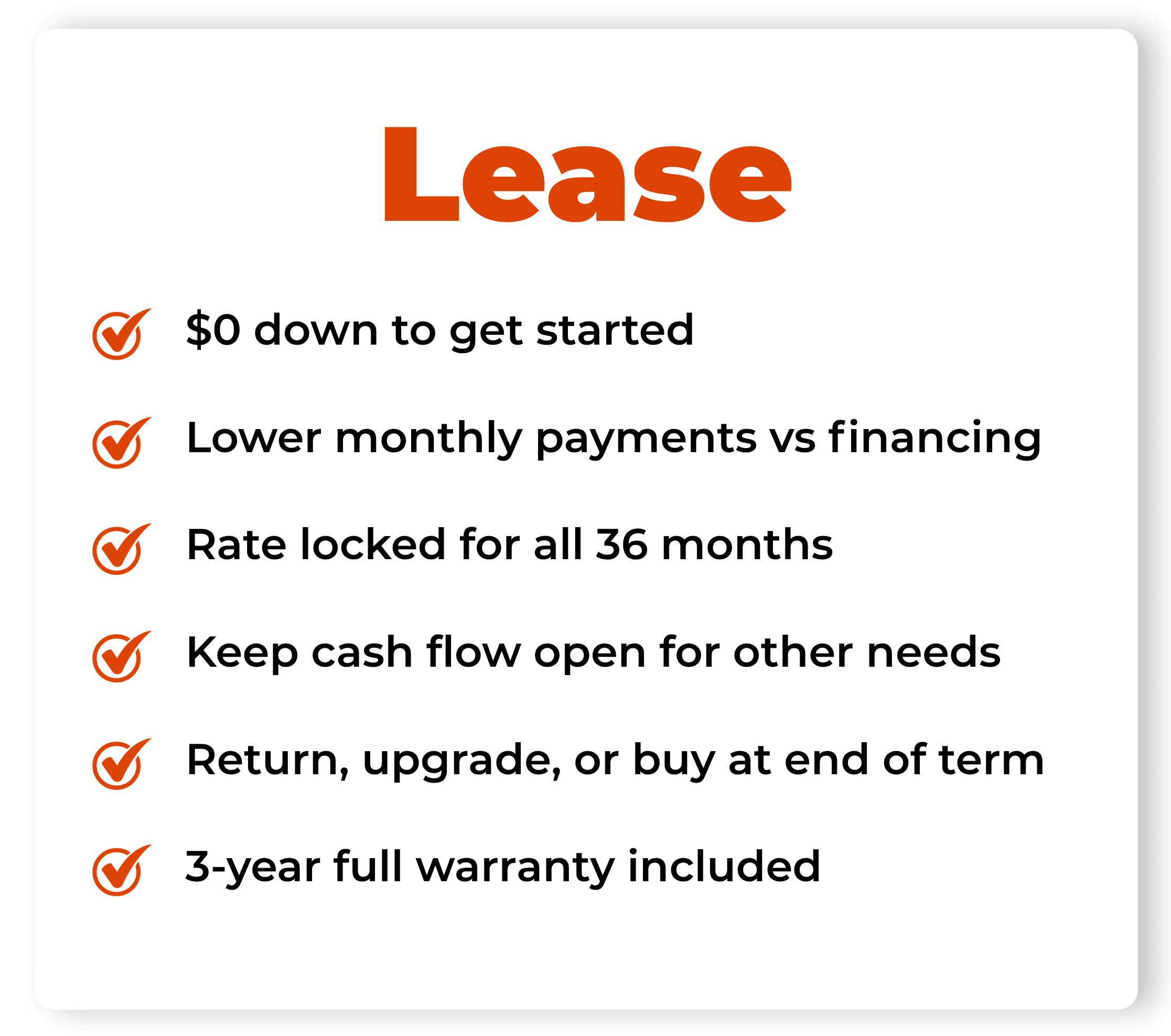 LEASE: $0 down to get started. Lower monthly payments vs financing. Rate locked for all 36 months. Keep cash flow open for other needs. Return, upgrade, or buy at end of term. 3-year full warranty included.